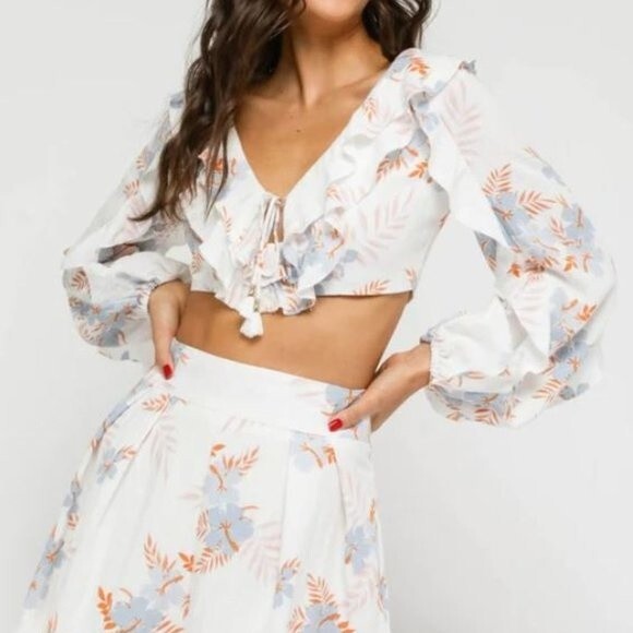 Olivaceous Crop Top Floral Print Long Sleeve Boho Cottagecore Beachy Sz L - Picture 4 of 16